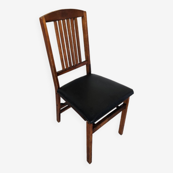 Scandinavian Folding Chair Wood + Black Leather Seat 1970s Vintage #A307