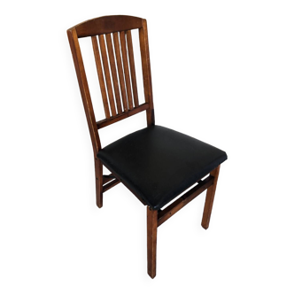 Scandinavian Folding Chair Wood + Black Leather Seat 1970s Vintage #A307