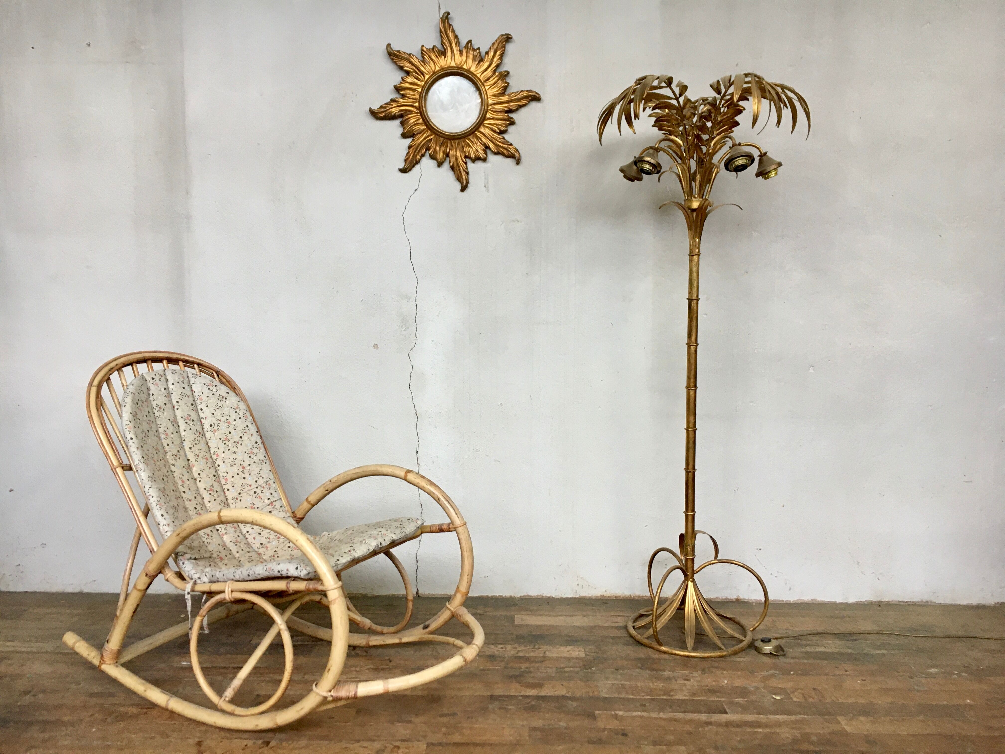 Rocking flesh in bamboo rattan and vintage wicker 1950