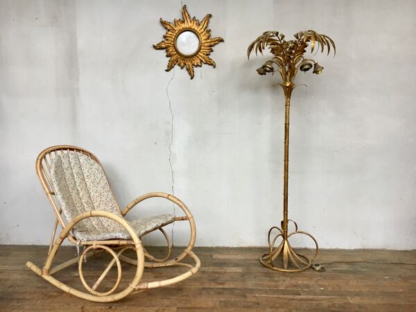 Rocking chair en rotin bambou et osier vintage 1950