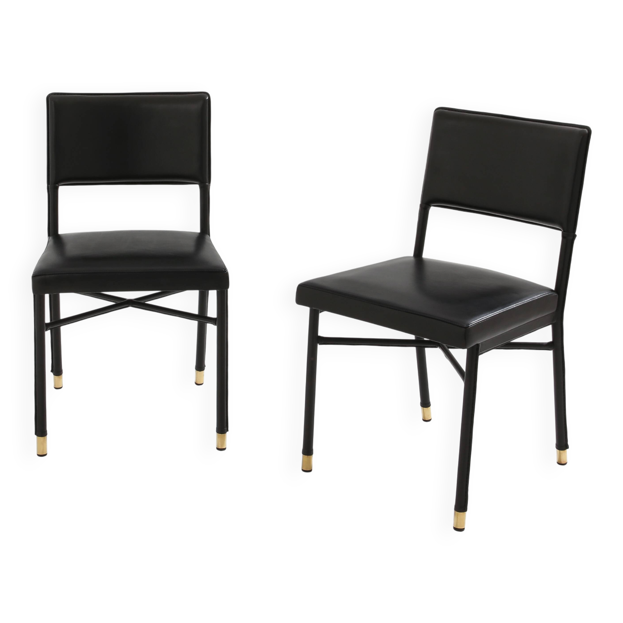 Jacques Quinet paire de chaises cuir noir laiton 1950