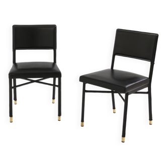 Jacques Quinet pair of black leather chairs brass 1950