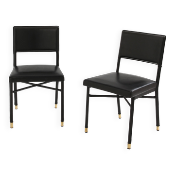 Jacques Quinet paire de chaises cuir noir laiton 1950