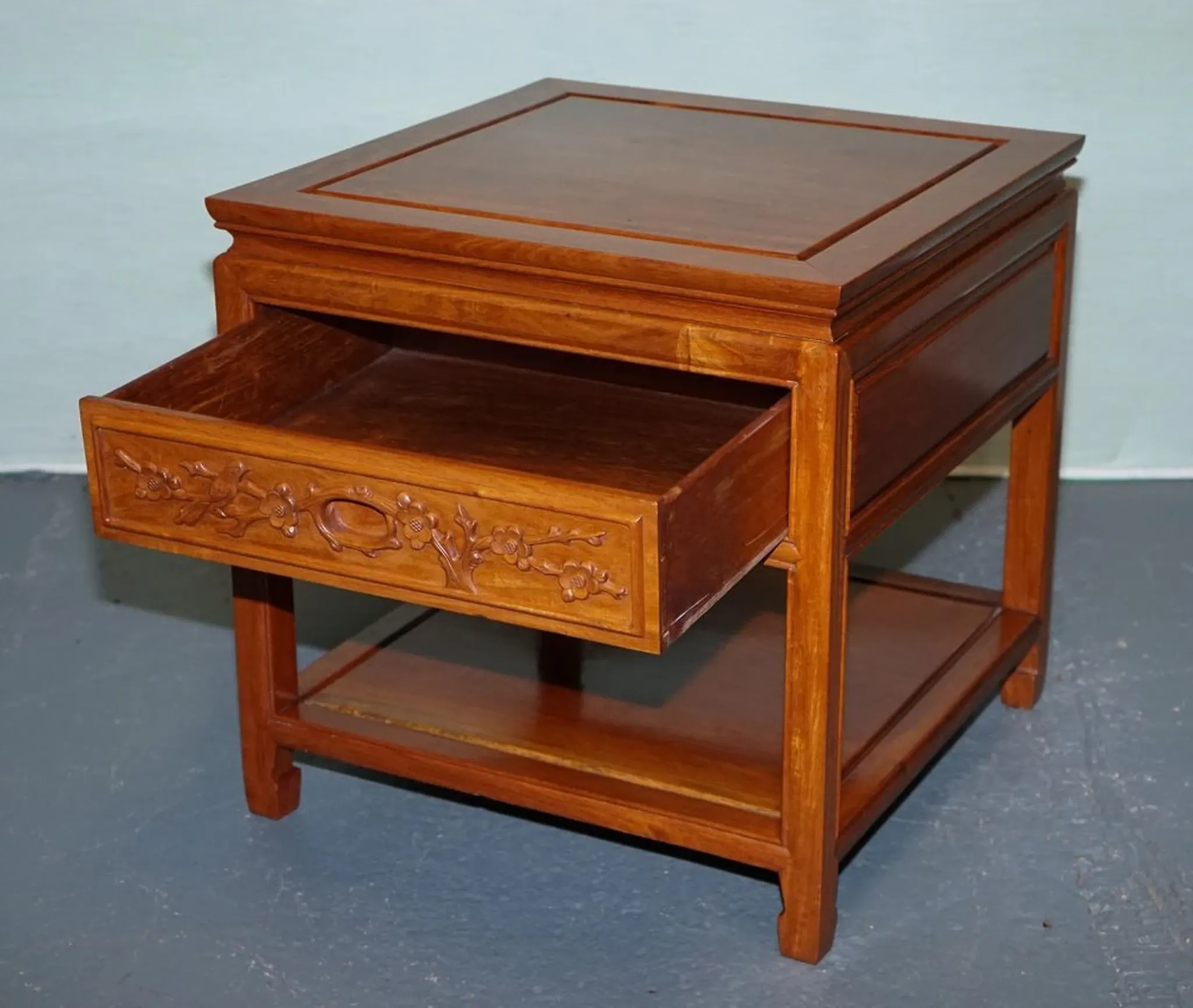 Vintage Oriental Teak Bedside Table with Drawer and Shelf, China