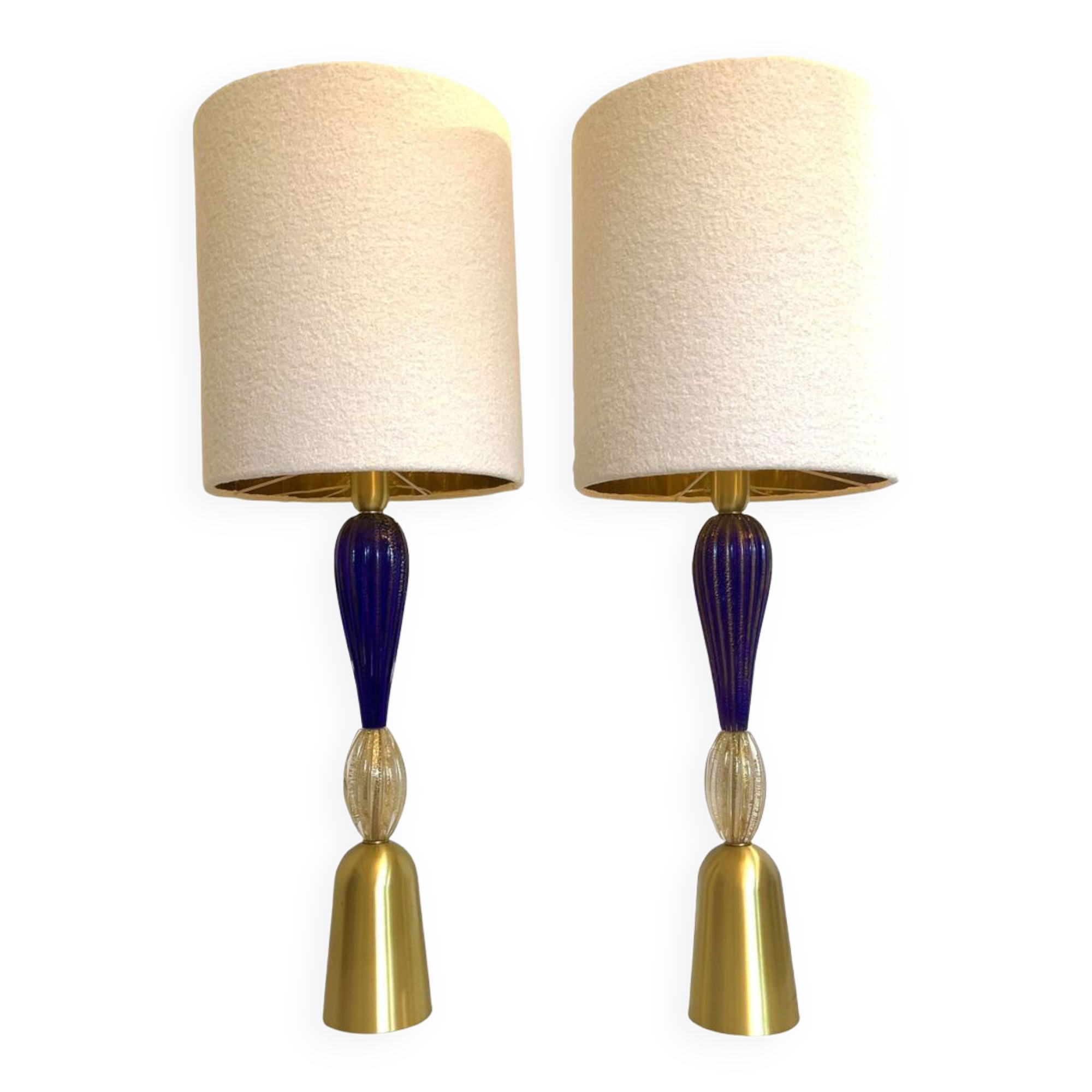 Blue and trasparent-gold murano glass table lamps with bouclé