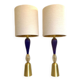 Blue and trasparent-gold murano glass table lamps with bouclé