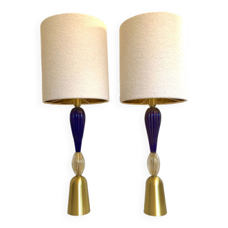Blue and trasparent-gold murano glass table lamps with bouclé