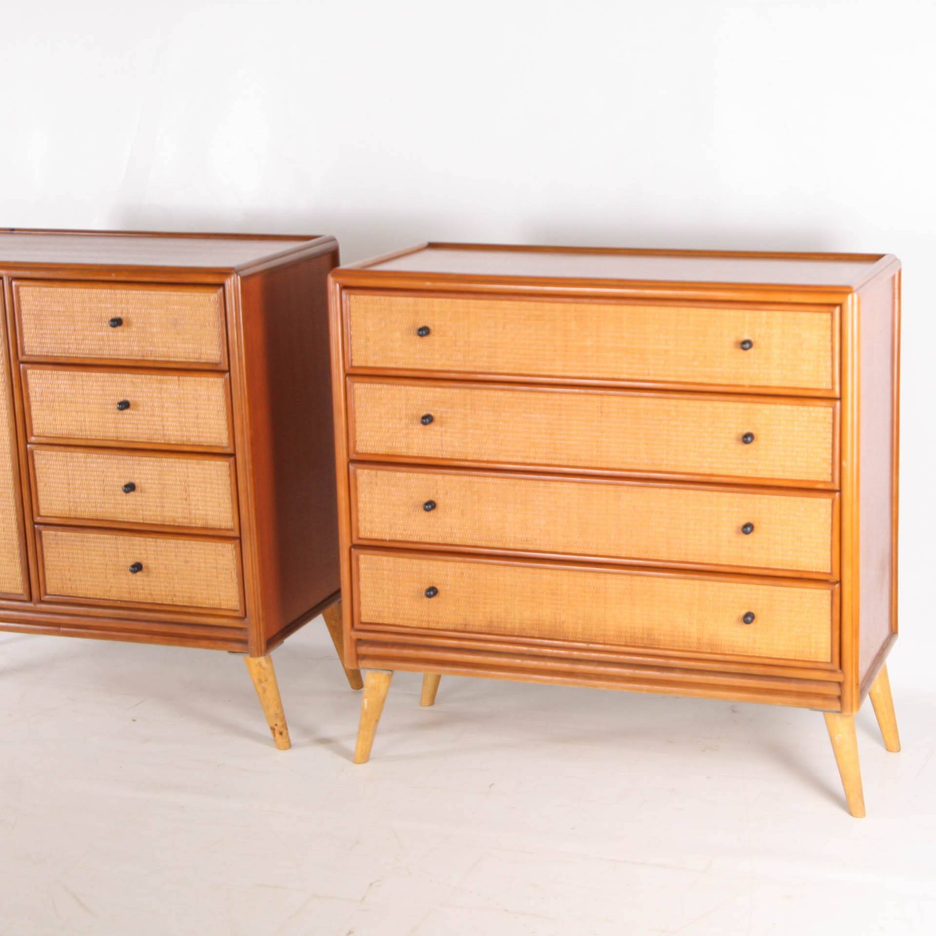 Pair of rattan and wood bedside tables