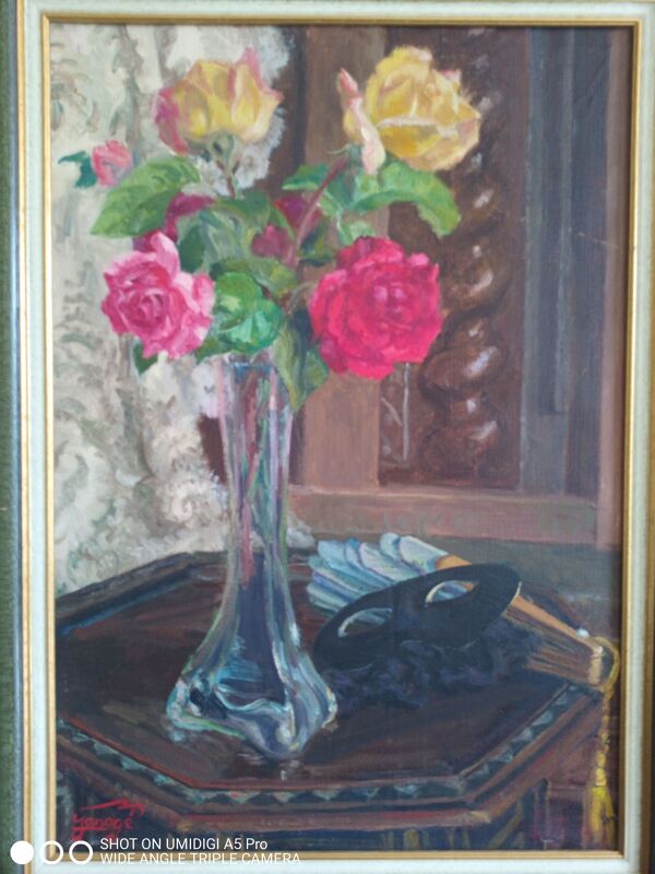 Huile sur toile 54x37 / bouquet de fleur et masque jeanne janoge (1890-?)