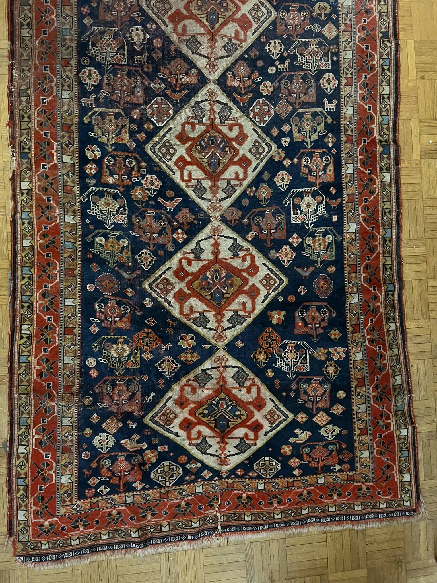 Antique handmade Persian Qashqai nomadic rug – blue background 94x112cm