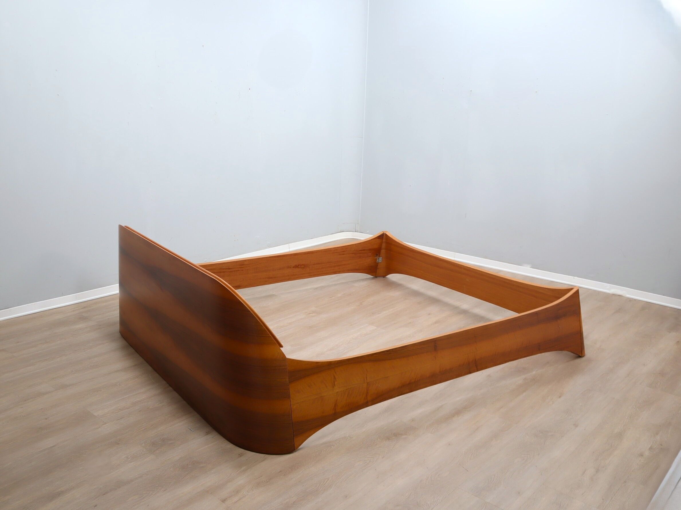 Italian 1970s Curved Walnut Bed Frame with Storage Headboard