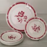 Service cake pie flat plates porcelain opaque badonviller rose bordeaux vintage