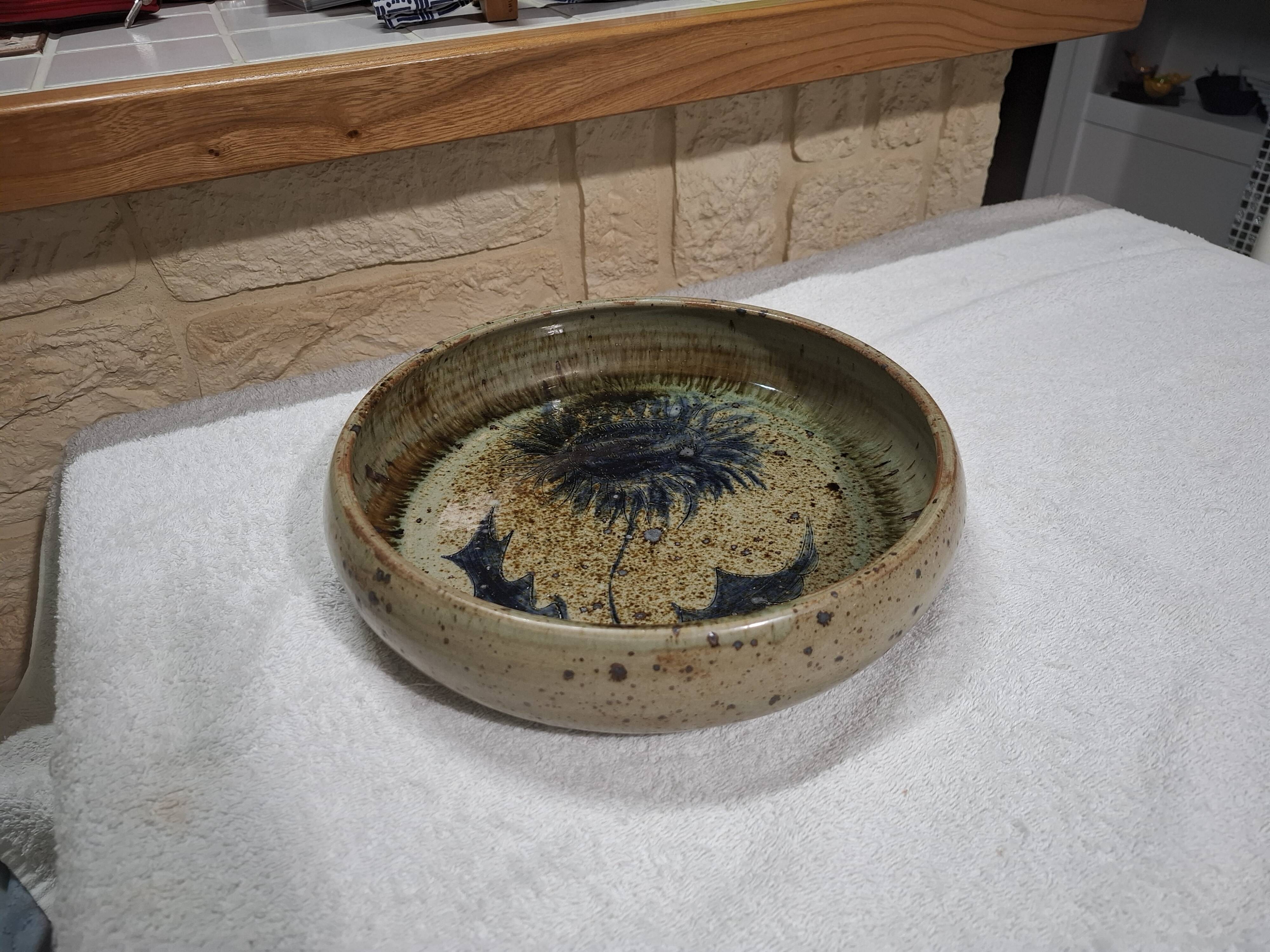 Pyrite stoneware ceramic with thistle decoration signed by Suzanne Dauliach, 1970s.