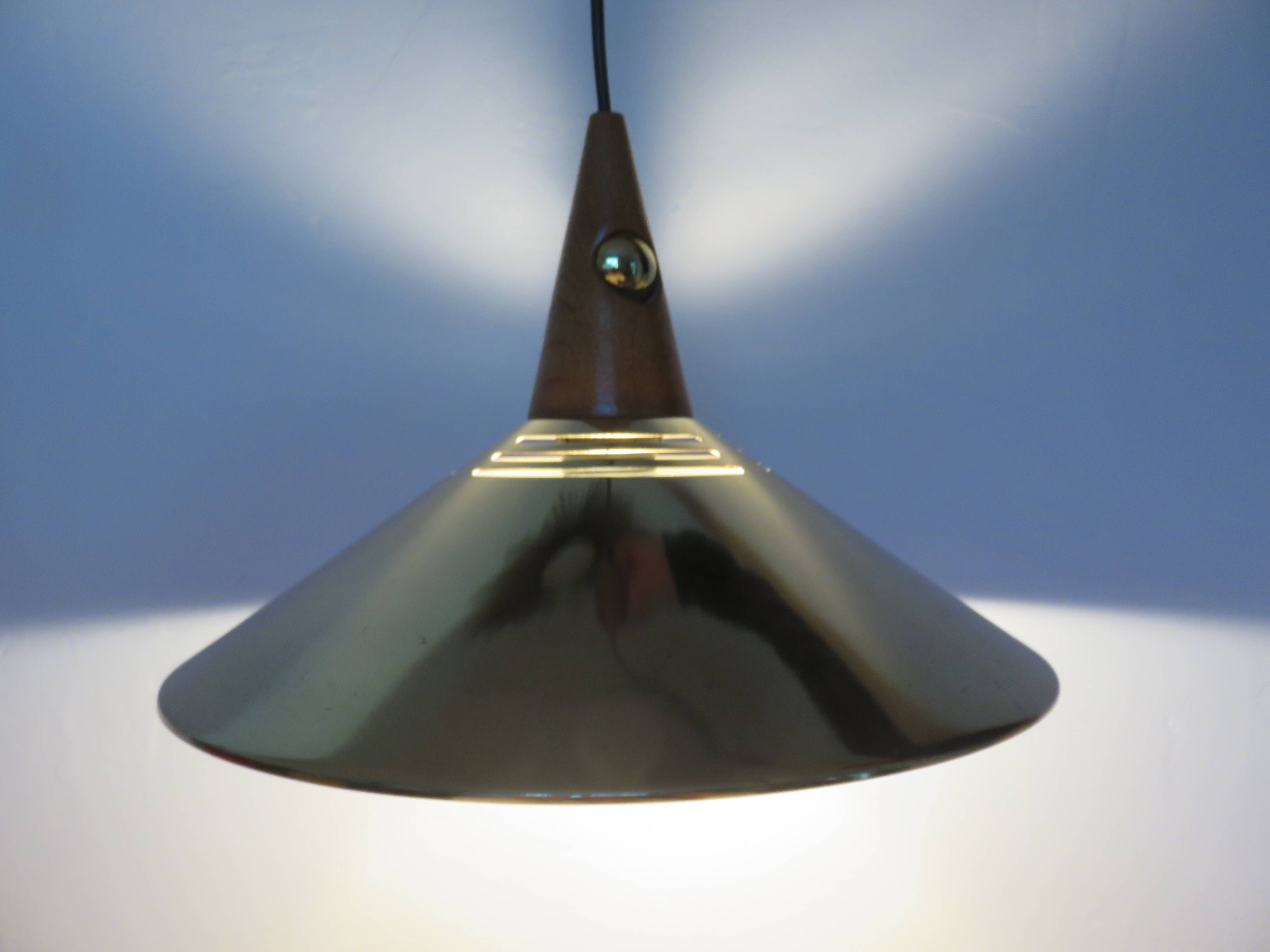 Scandinavian teak and gold metal pendant light from the 70s