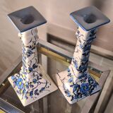 Art deco style ceramic candle holders, hand painted blue flowers. sign
