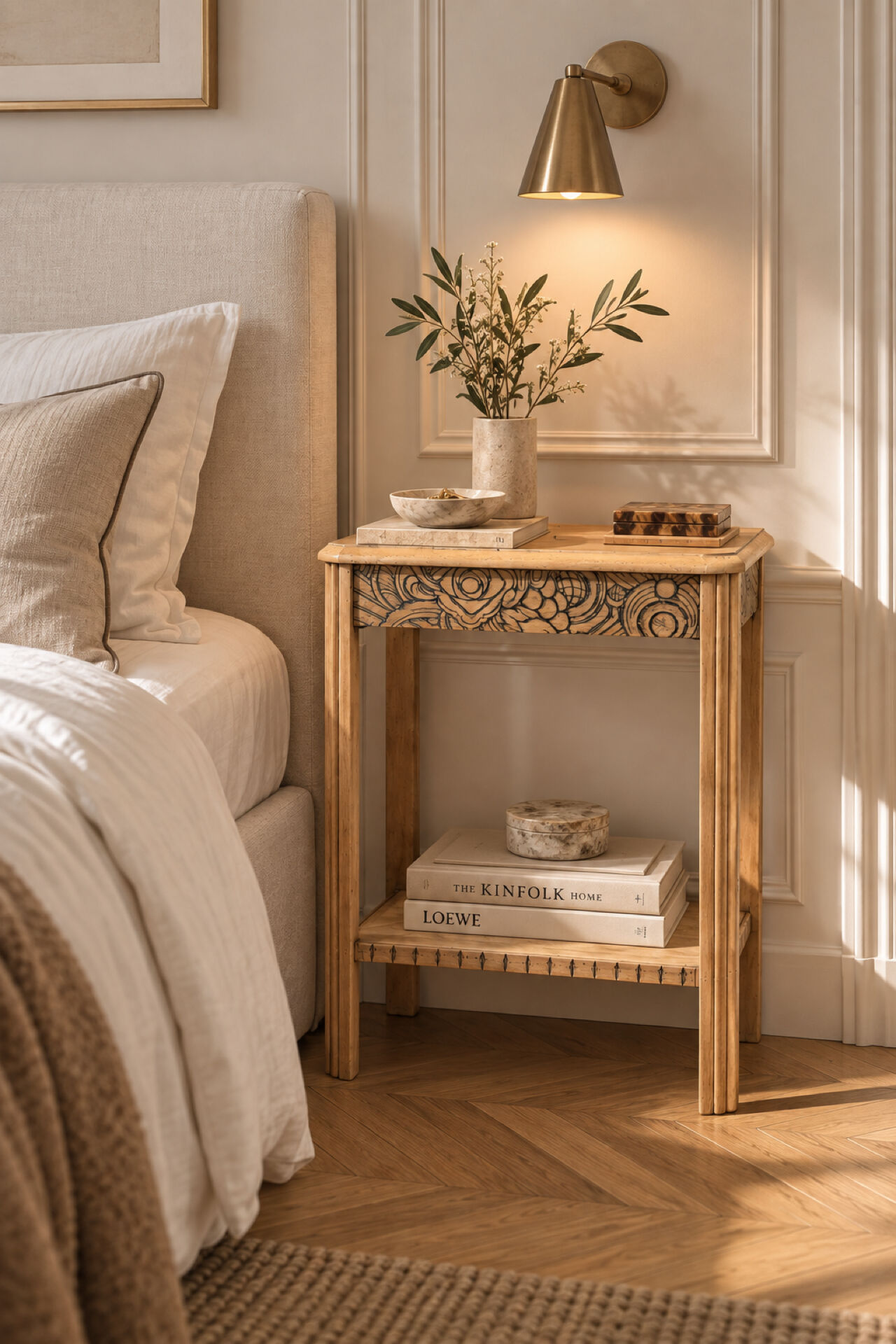 Art Deco console in raw wood with floral decoration, renovated 1930.