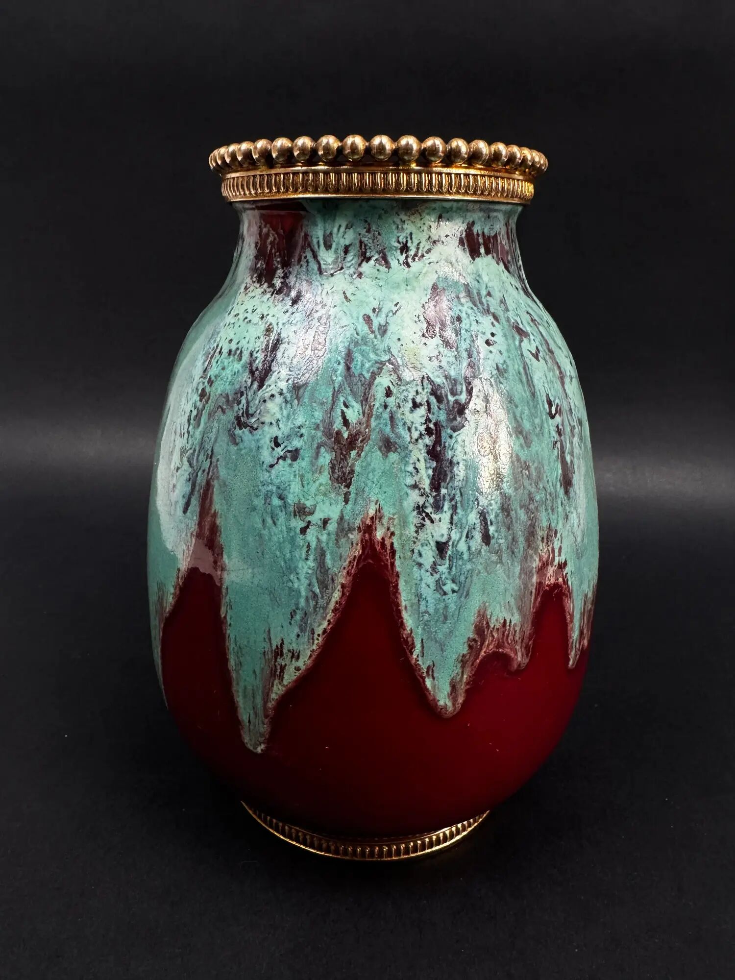 Vase CAB (Ceramics of Art from Bordeaux), turquoise green and red glaze.
