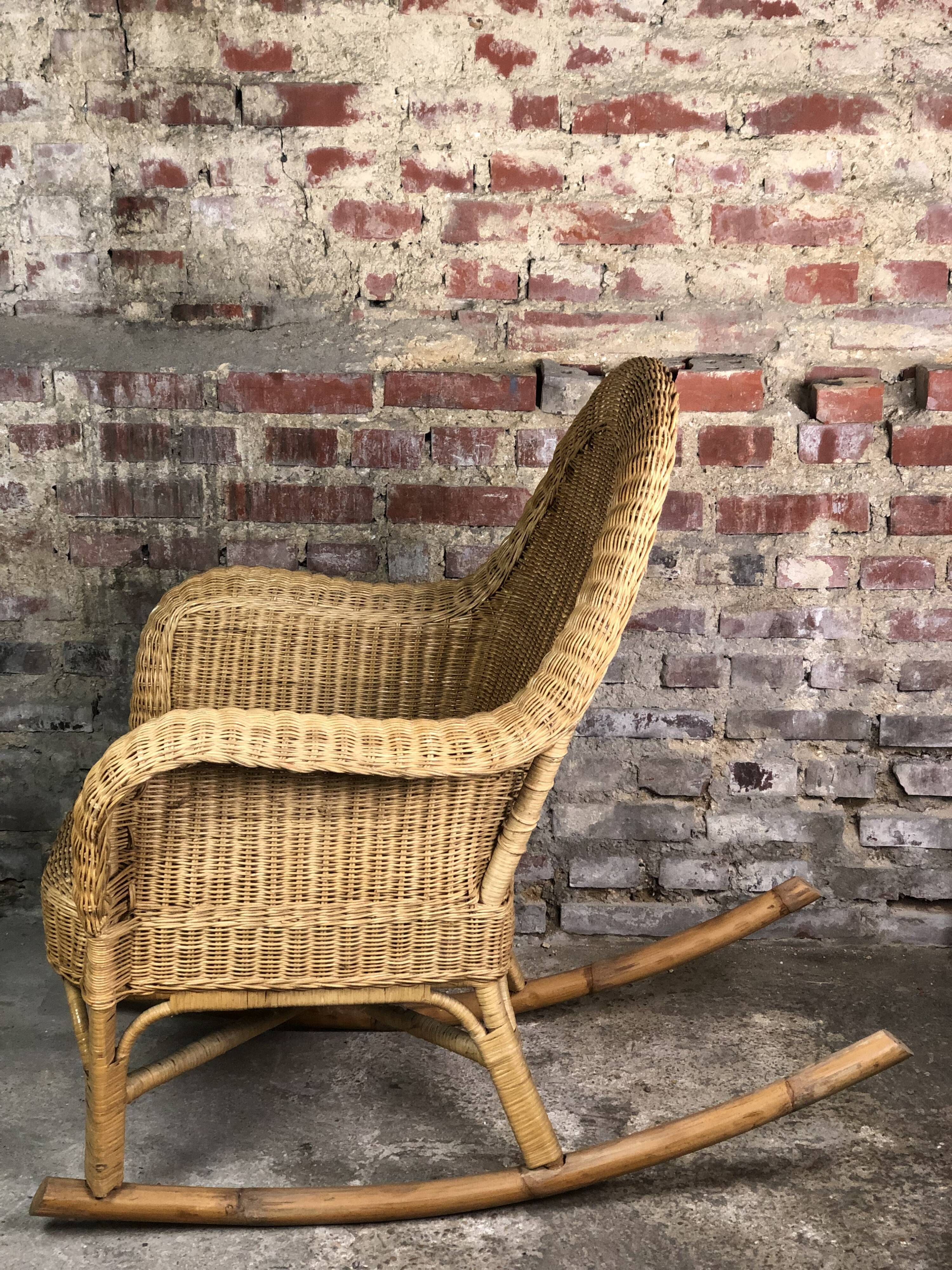 Rocking chair in rattan and bamboo rocker 1980