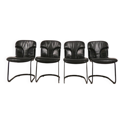 Chaises de salle à manger en cuir noir Willy Rizzo - Cidue Italie