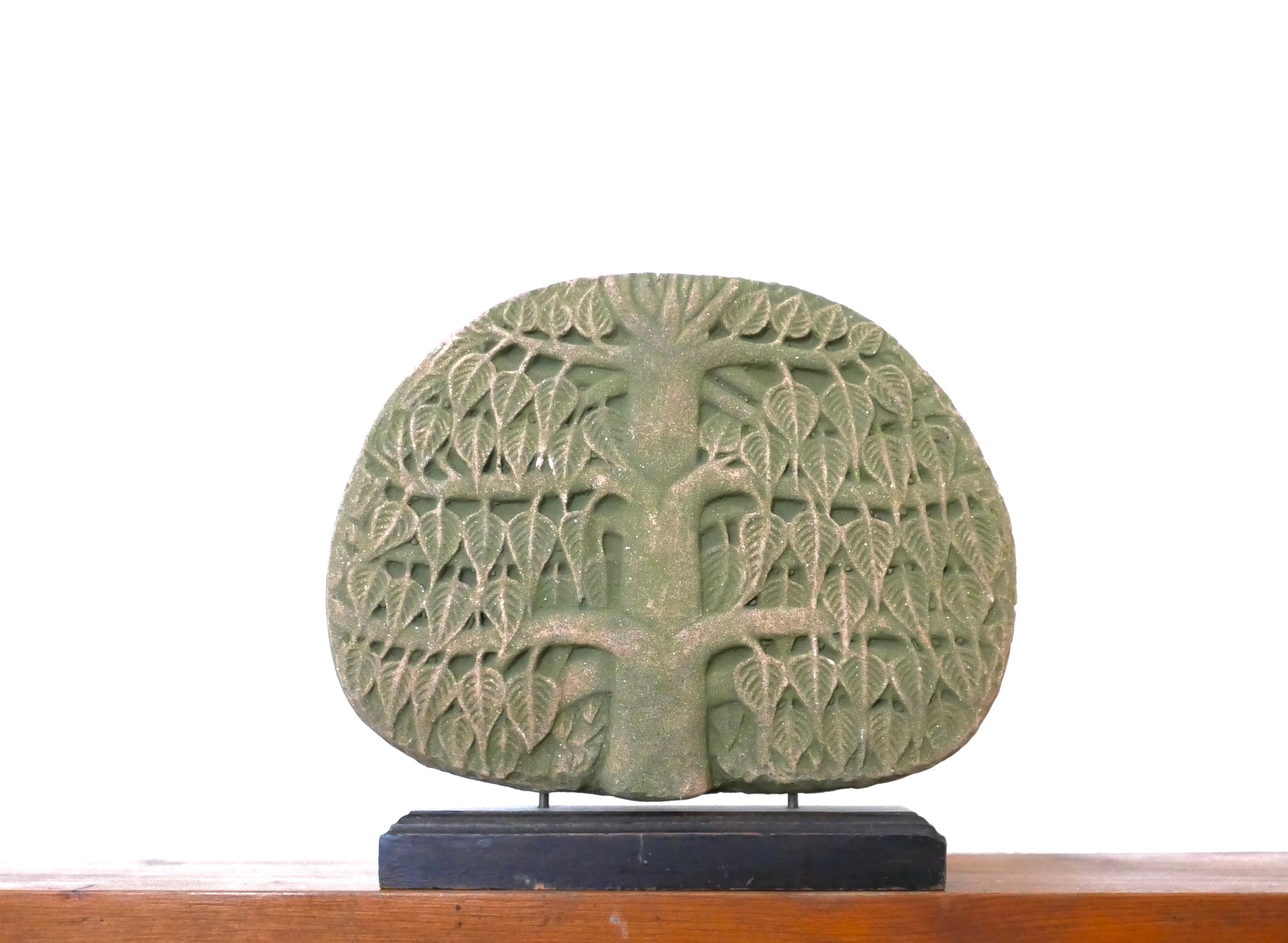 Stone tree sculpture, wooden base, 70s