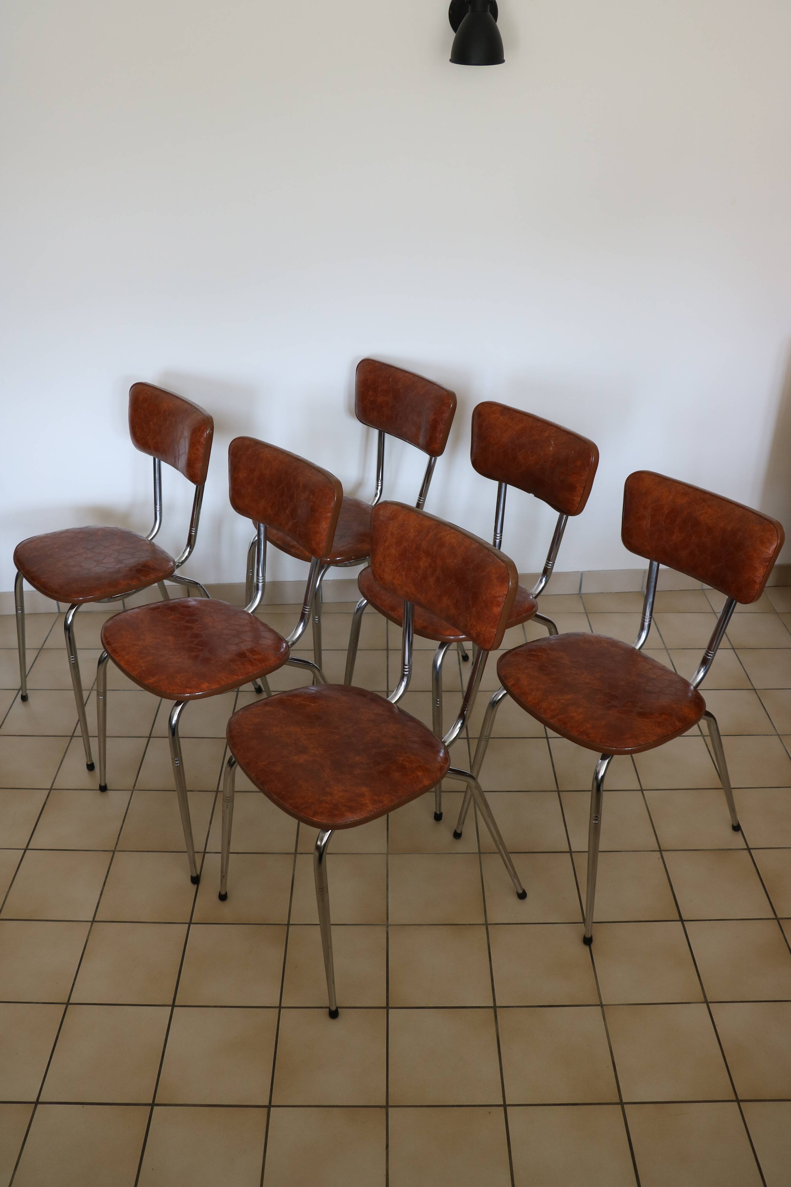 6 brown skai and chrome steel chairs