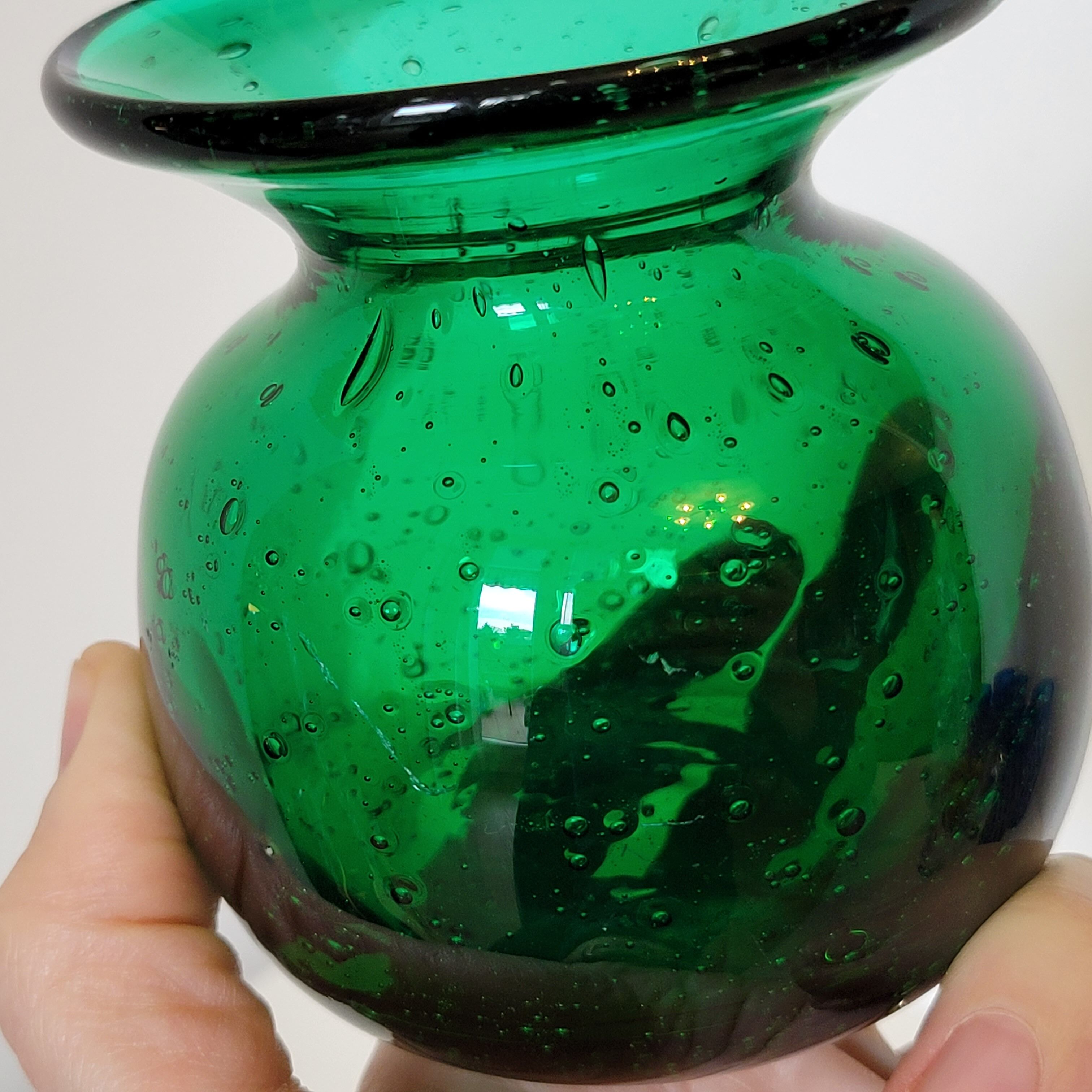 Small green bubbled blown glass vase