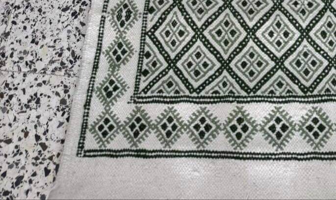 Handmade green and white margoum hallway rug in natural wool