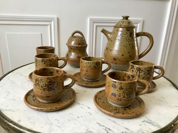 service à café 6 tasses et sous-tasses, theière et sucrier en cérémique / poterie / grès années 50-6