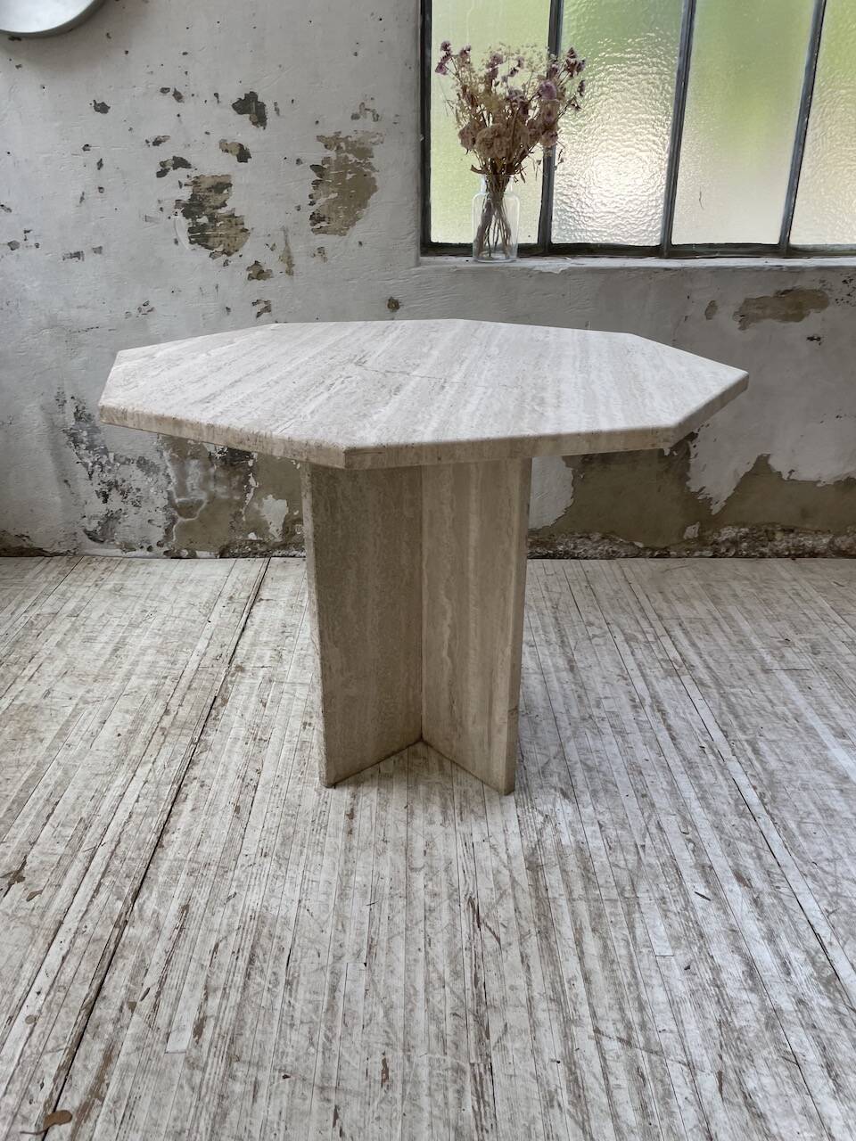 Octagonal travertine coffee table