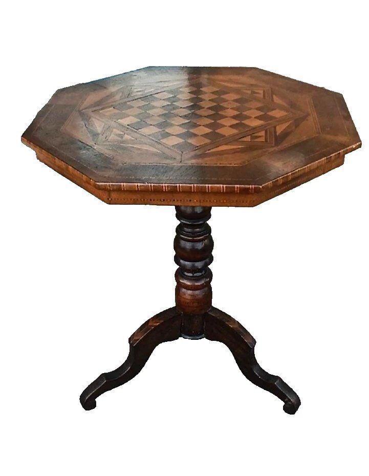 Table ancienne incrustée, jeu de dames, jeu d'échecs, Italie du XIXe siècle