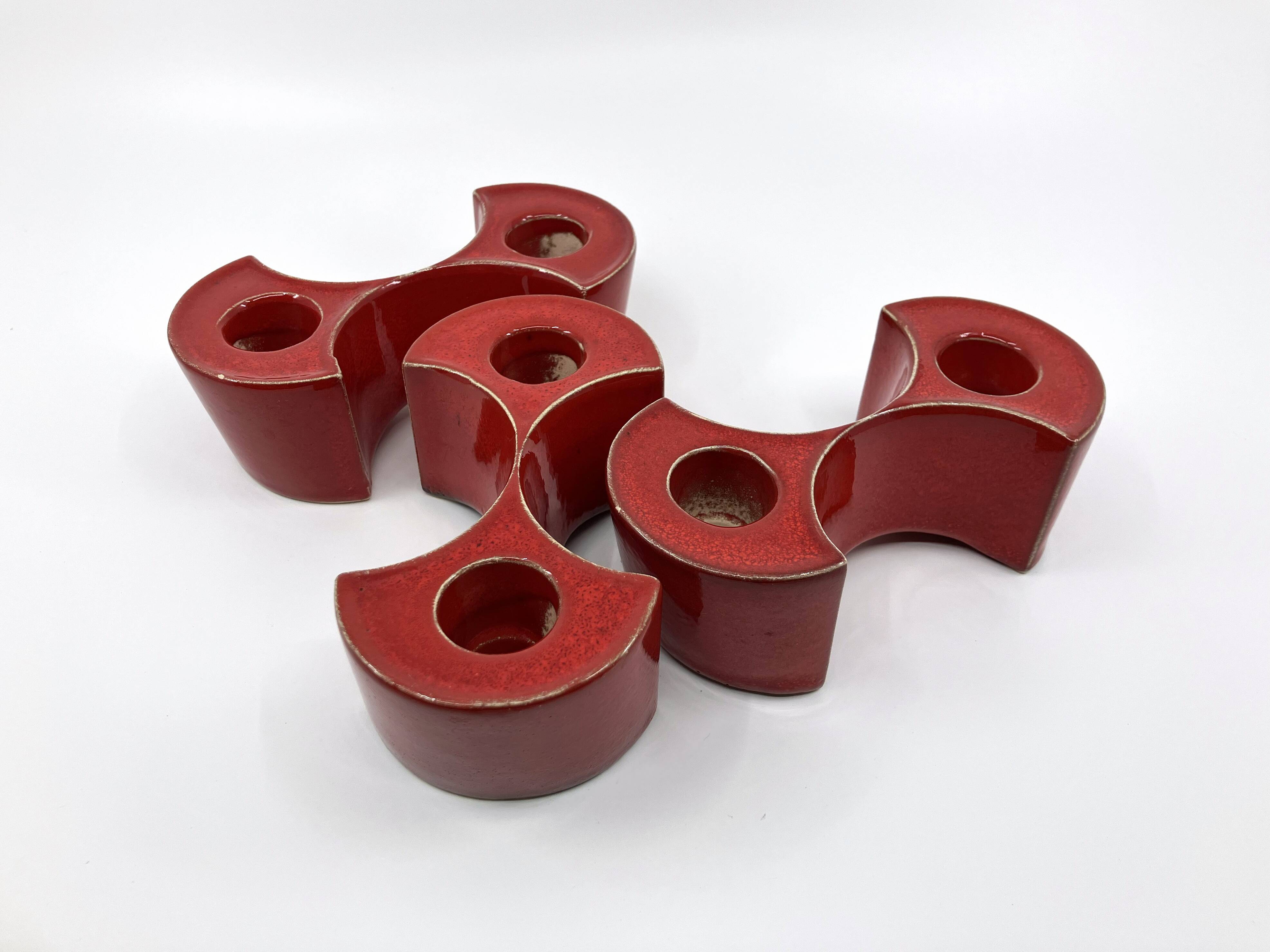3 red ceramic candlesticks • Cari Zalloni • Steuler • 1970