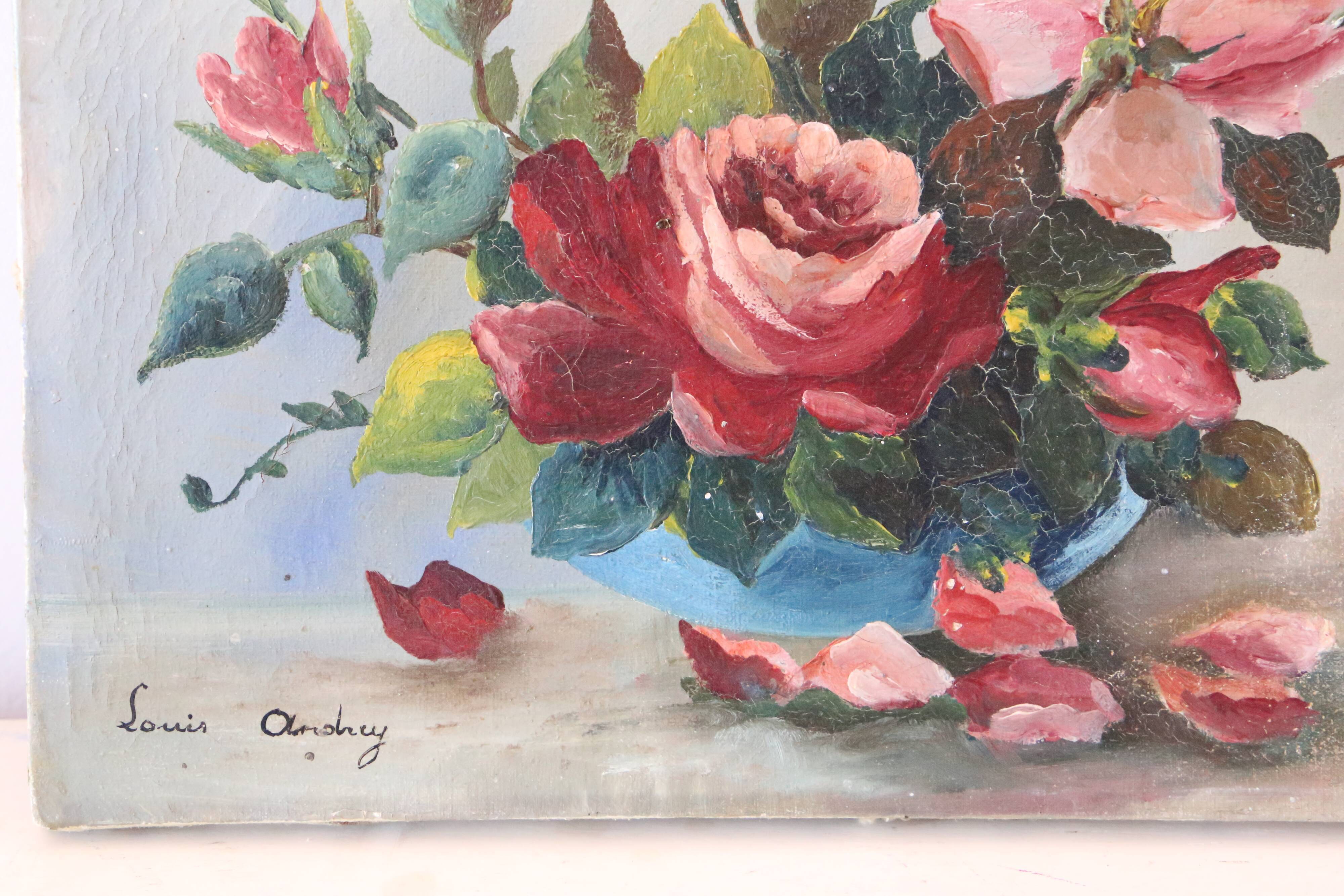 Painting bouquet of flowers, still life, signed Louis Andrey, oil on canvas, mid-twentieth