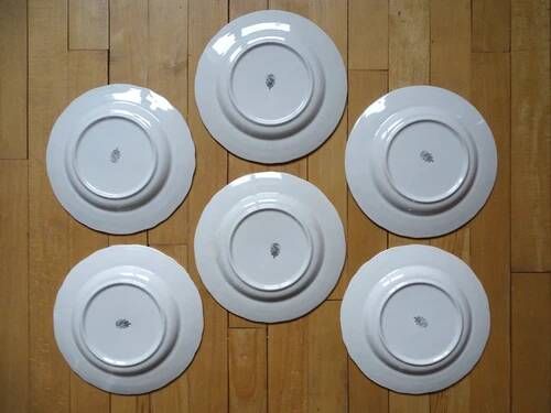 Kg luneville "réverbère" 6 flat plates earthenware hand-painted flowers ø25.5 cm