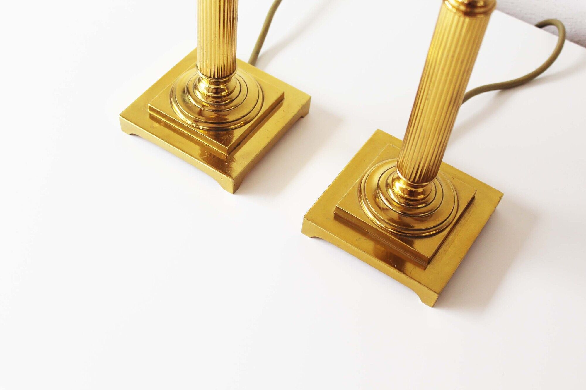 Vintage pair of Brass Column Table Lamps - 1970's Hollywood Regency Lamps