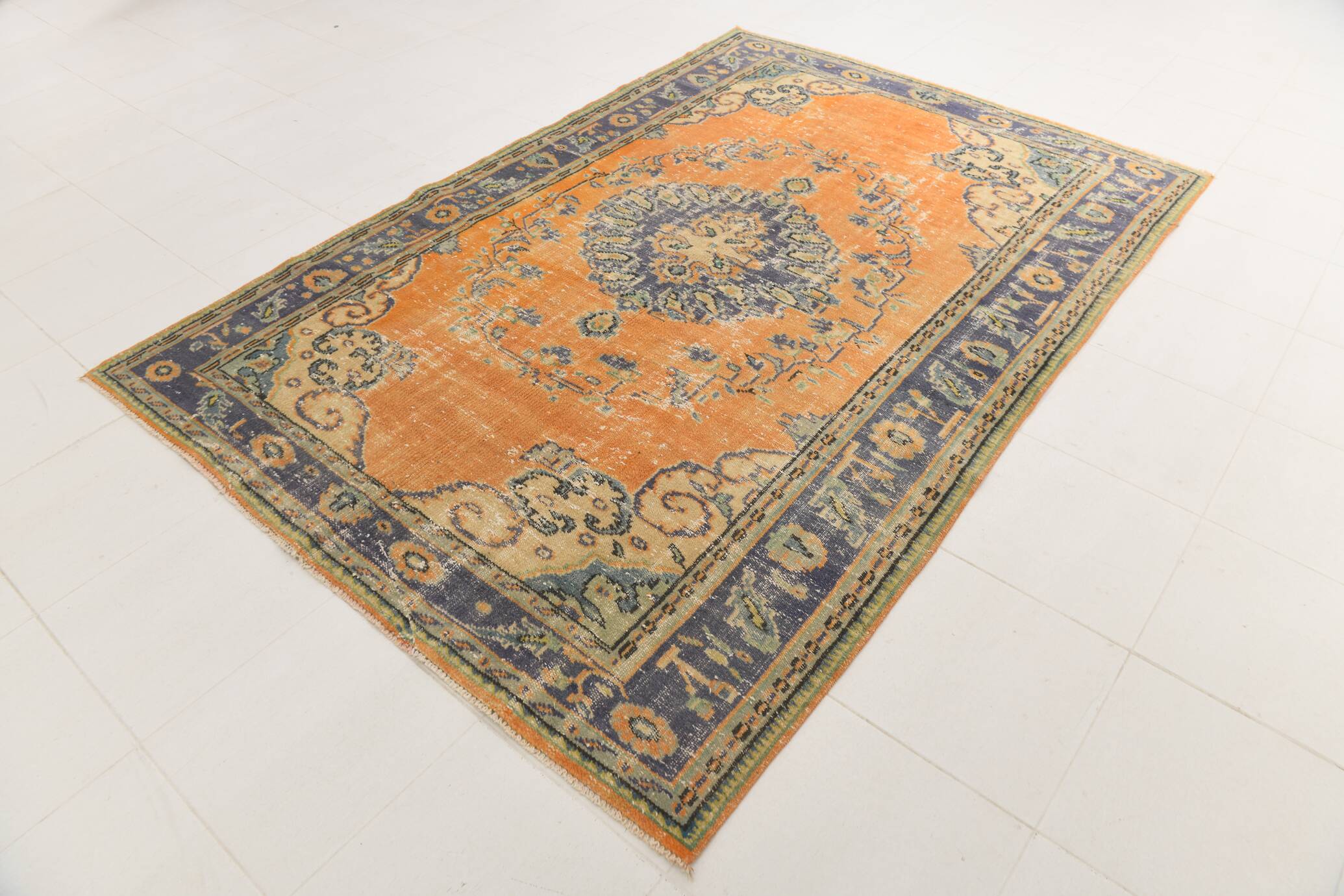 6x9 Pumpkin Orange Turkish Vintage Rug, 187x271 Cm