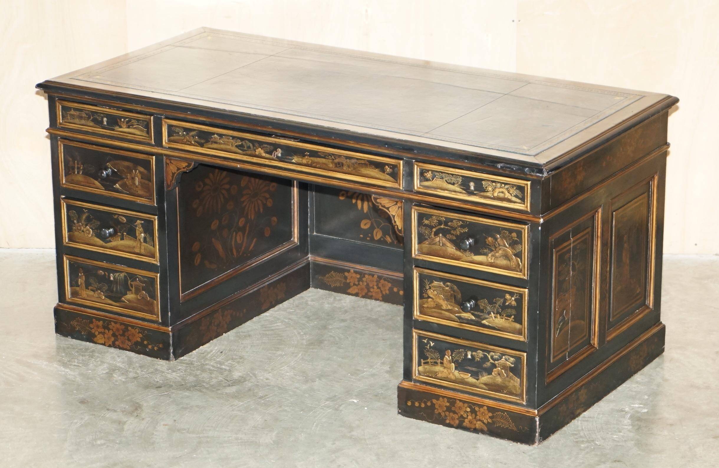 Chinese Bureau Chinoiserie 19th Century Napoleonic Leather
