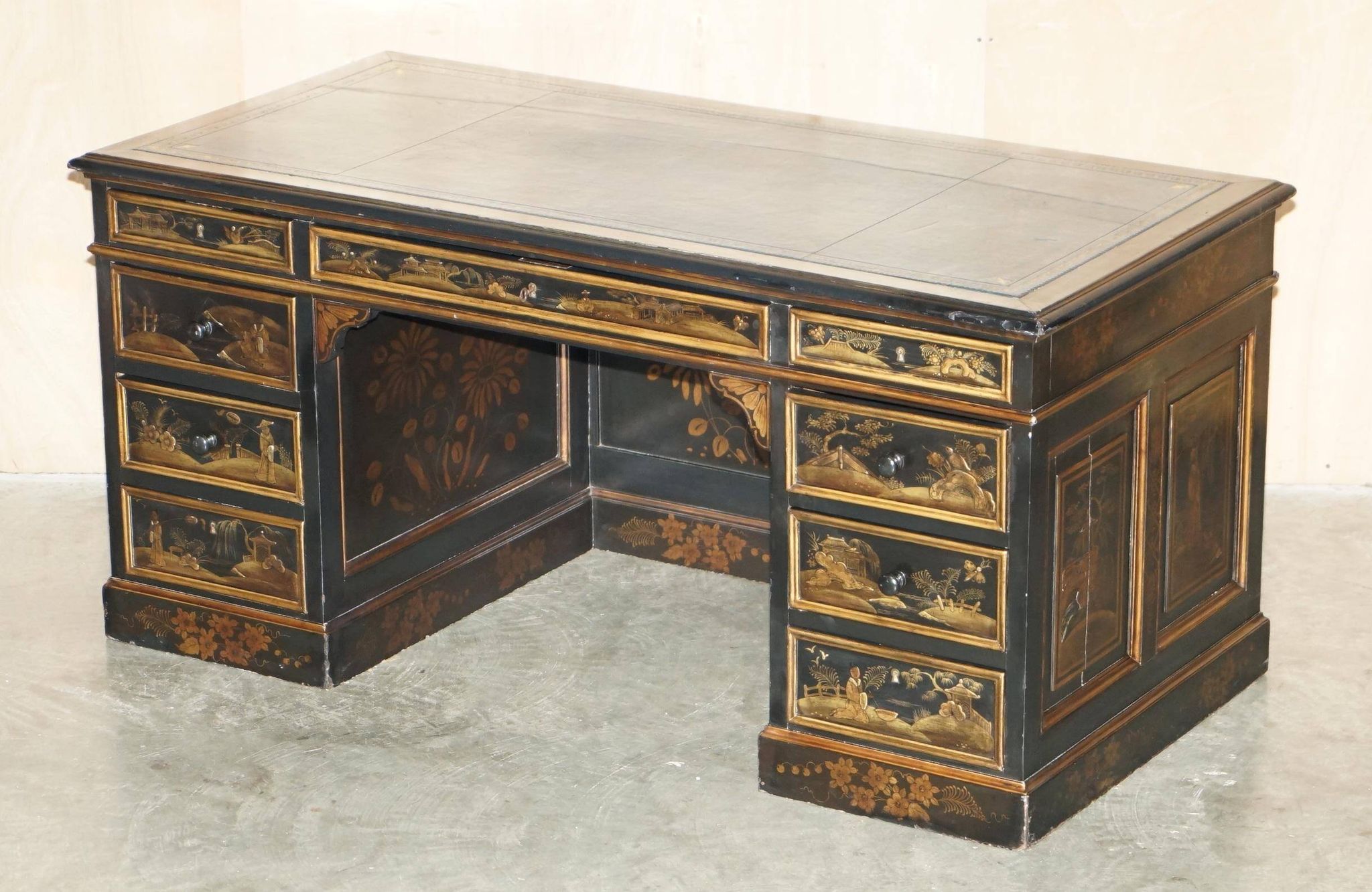 Bureau Chinois Chinoiserie 19ème Siècle Cuir Napoléonien