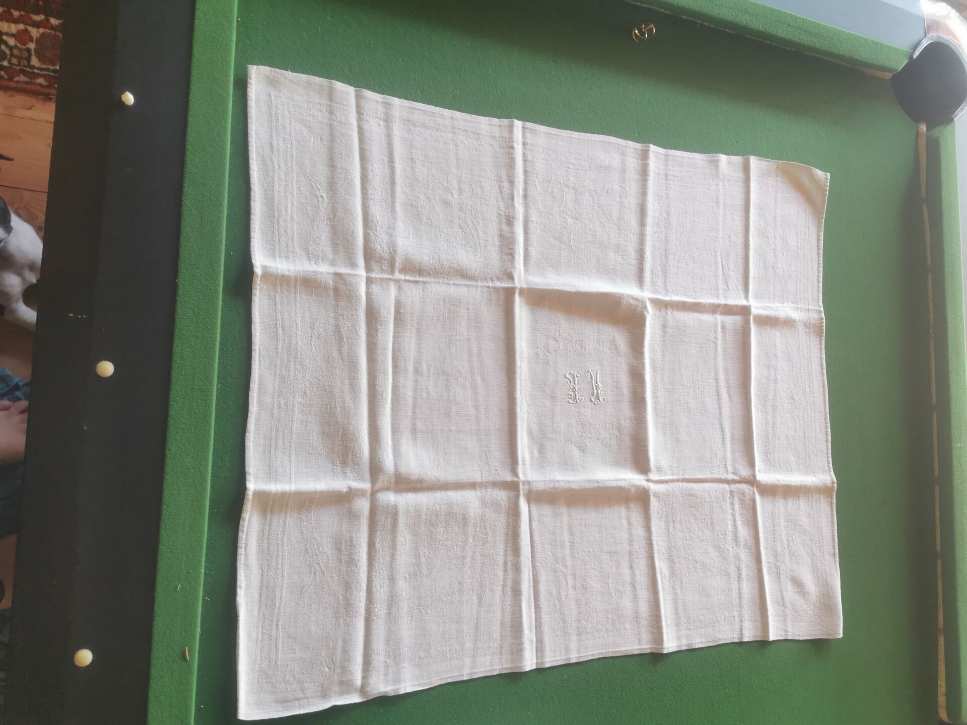 12 old damask linen napkins with monogram, 60x74 cm