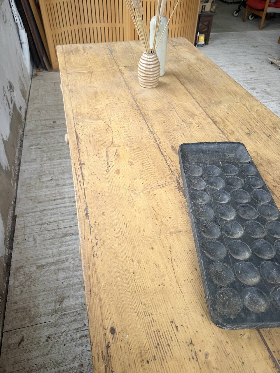 Pine and oak farmhouse table with multiple drawers, communal type, 240cm.