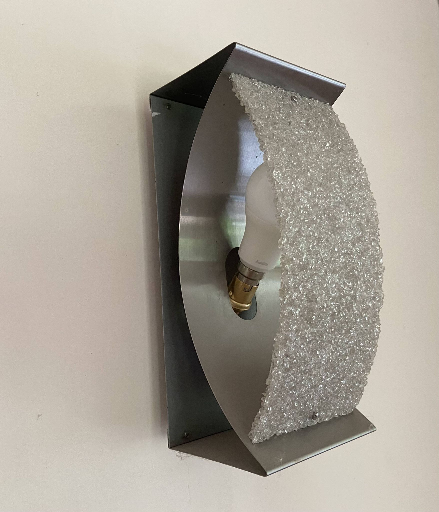 Pair of brushed steel and perspex wall lights, circa 1970.