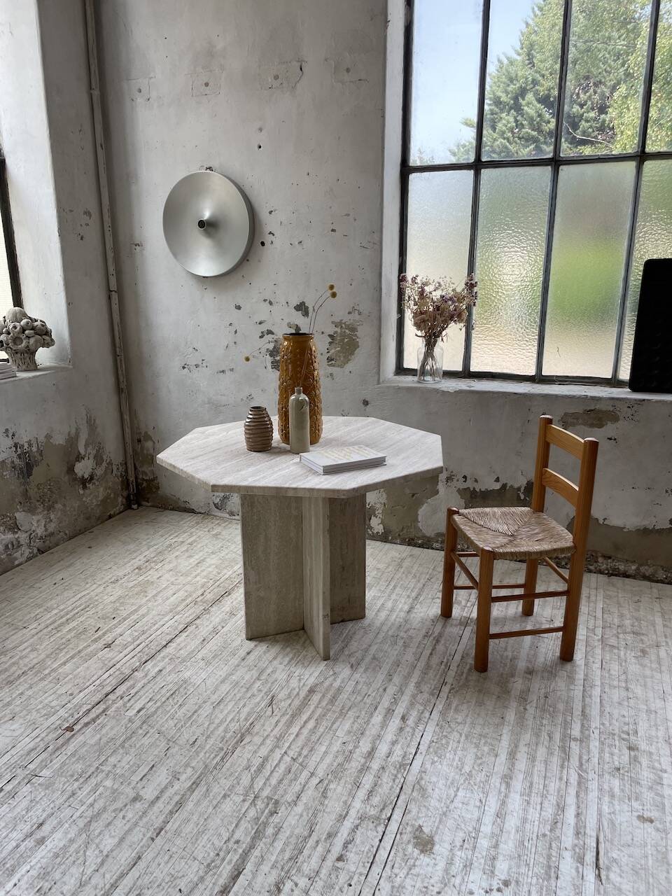 Octagonal travertine coffee table