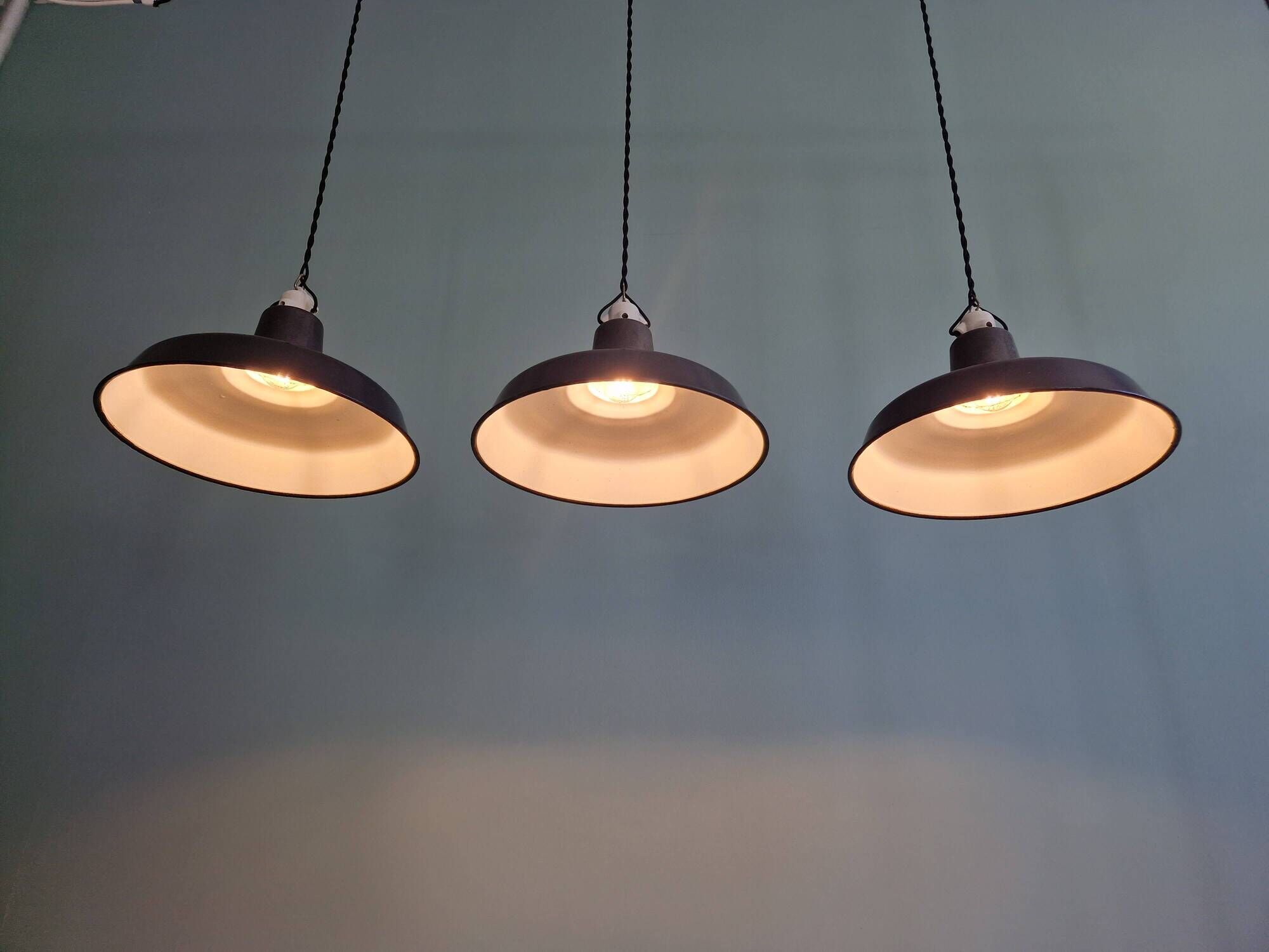 Set of 3 industrial pendant lights in anthracite enameled sheet metal