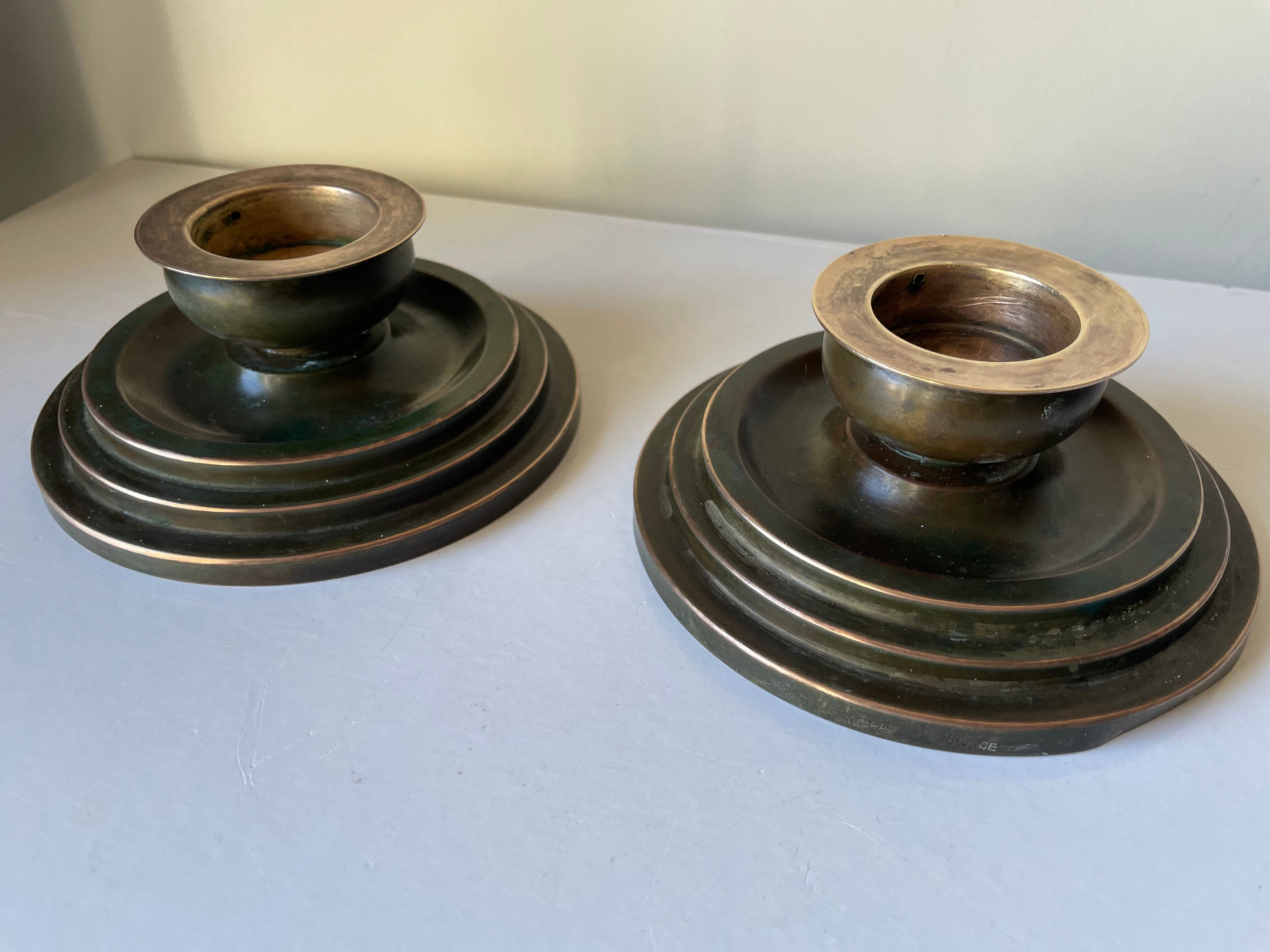 Pair Art Deco Swedish Grace  candleholder  Verdigris Bronze