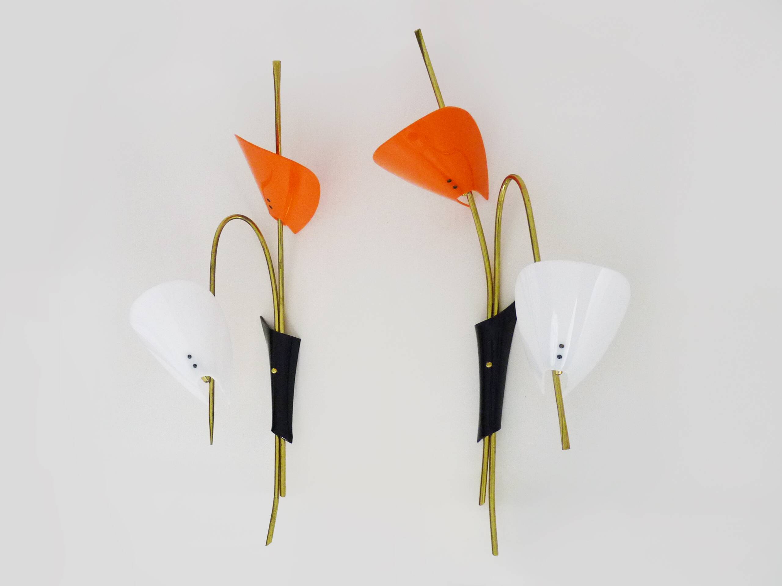 Pair of Mid-Century orange and white Arum wall sconces, Italy, 1950s