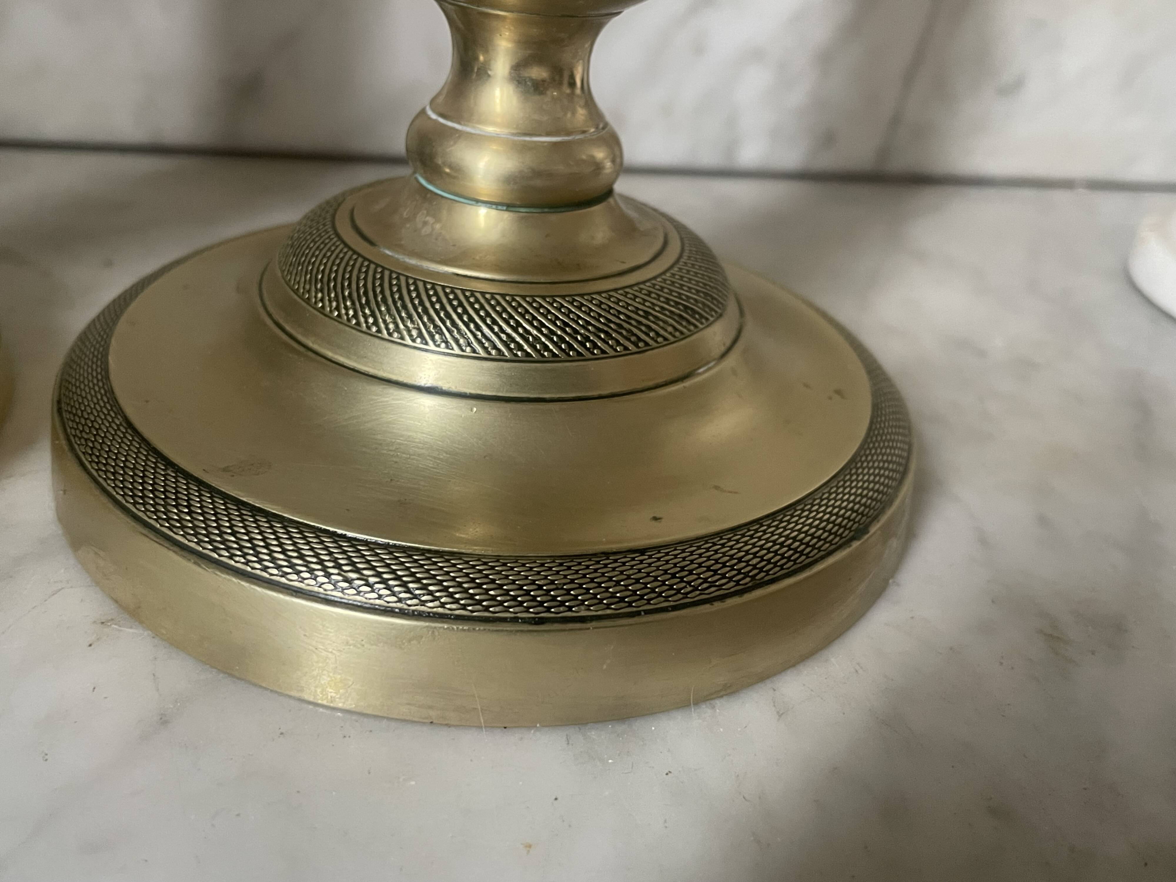 Pair of 19th century guilloche brass candlesticks