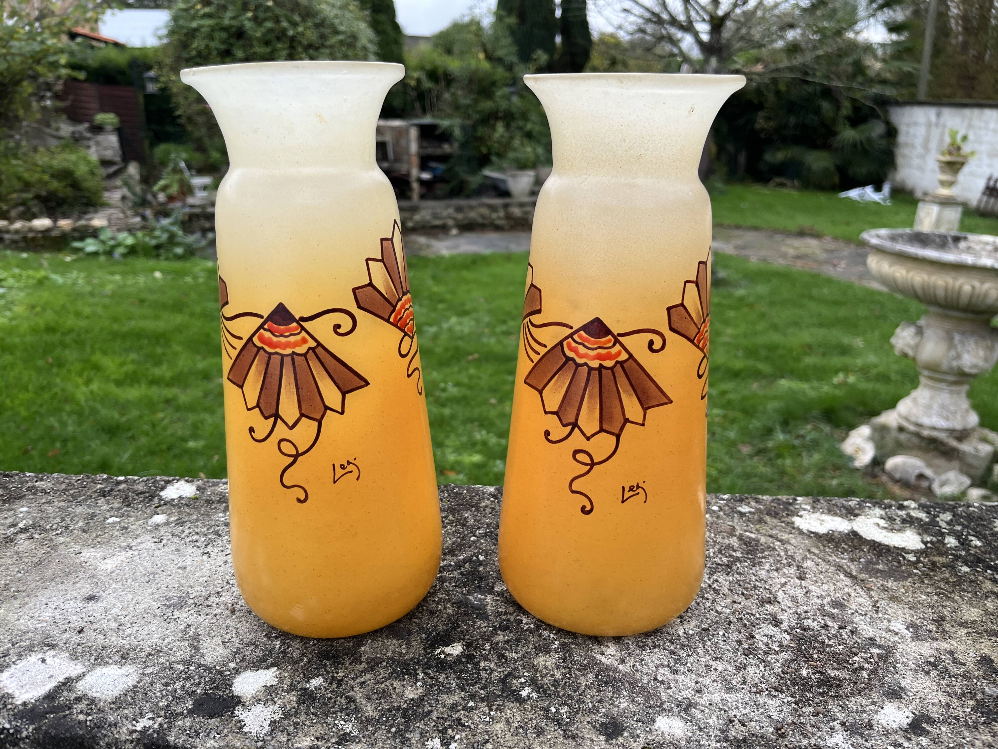 Pair of orange Legras Art Deco enameled glass vases