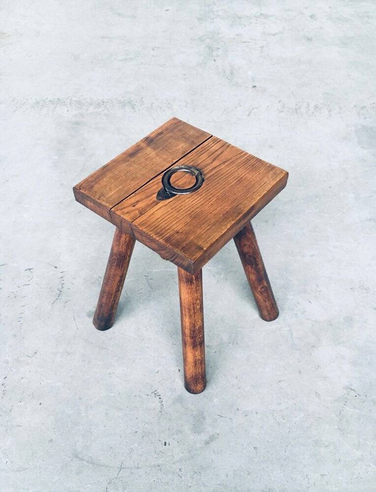Brutalist Oak Stool, Belgium, 1950s