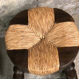 Set of 2 stools in wood and woven straw vintage 1960