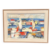 Huile sur toile originale suédoise - "Motif abstrait de port" vintage