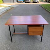 Bureau scandinave en bois et acier noir 1960 avec 2 tiroirs